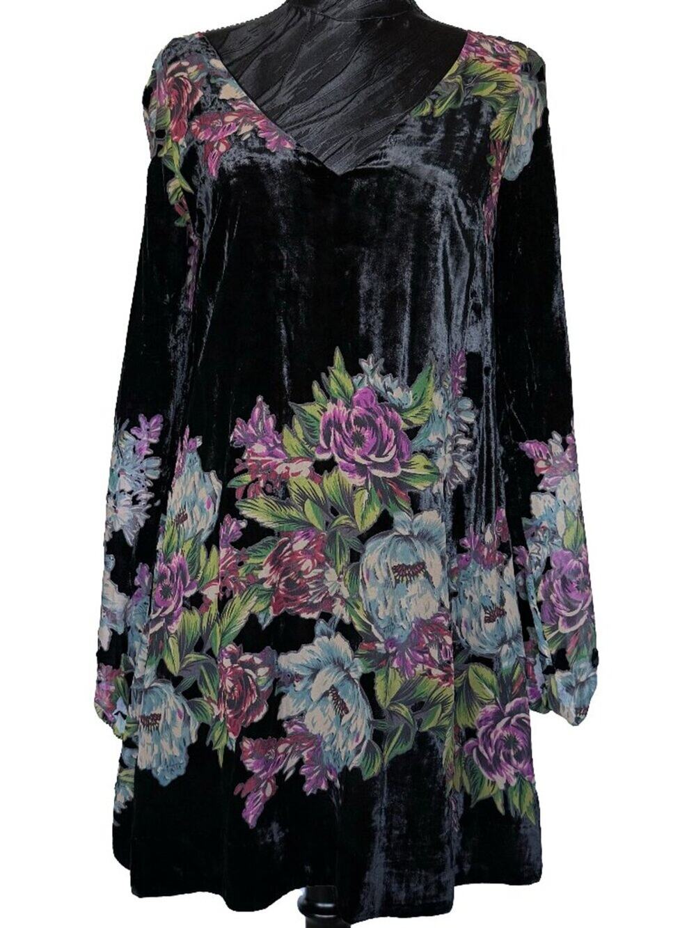 Free People Floral Velvet Burnout Mini Dress • Sheer Accents Boho • S